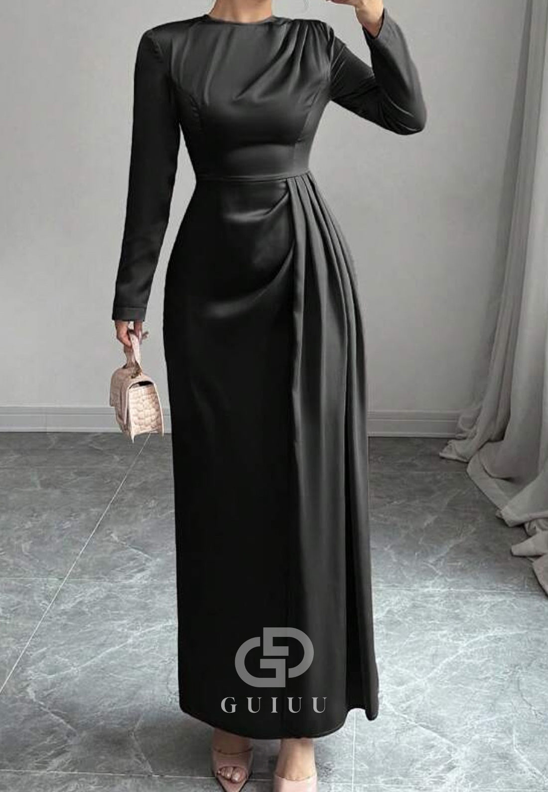 Simple A-Line Long Sleeves Scoop Ruched Chiffon Evening Dress