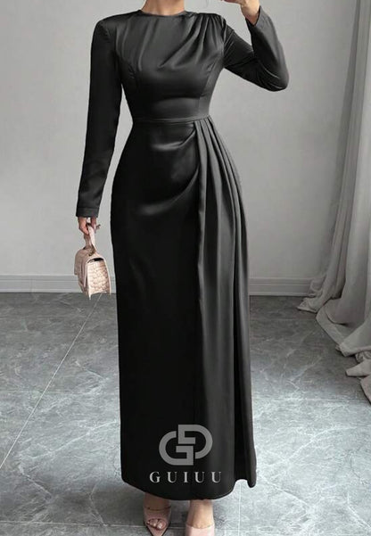 Simple A-Line Long Sleeves Scoop Ruched Chiffon Evening Dress
