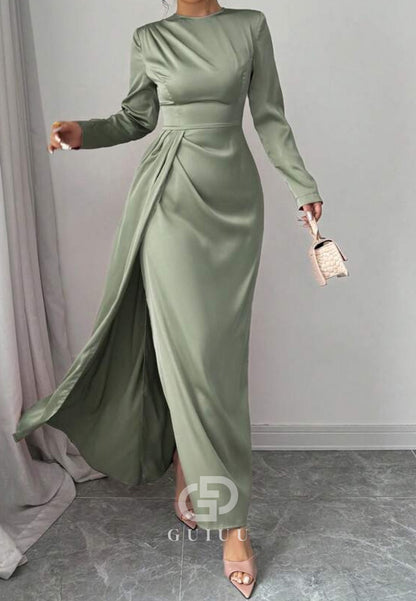 Simple A-Line Long Sleeves Scoop Ruched Chiffon Evening Dress