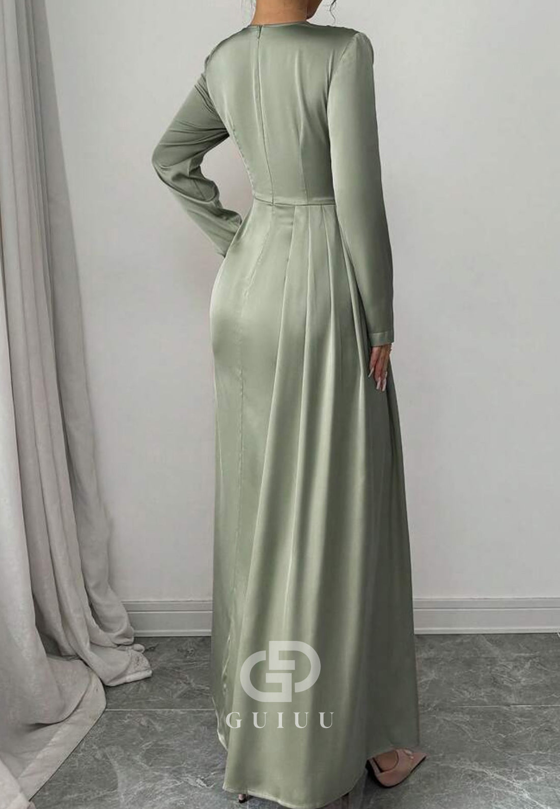Simple A-Line Long Sleeves Scoop Ruched Chiffon Evening Dress
