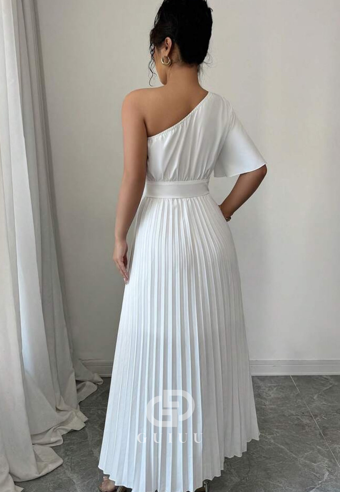 White One Shoulder Short Sleeves Empire-Waist Evening Dress