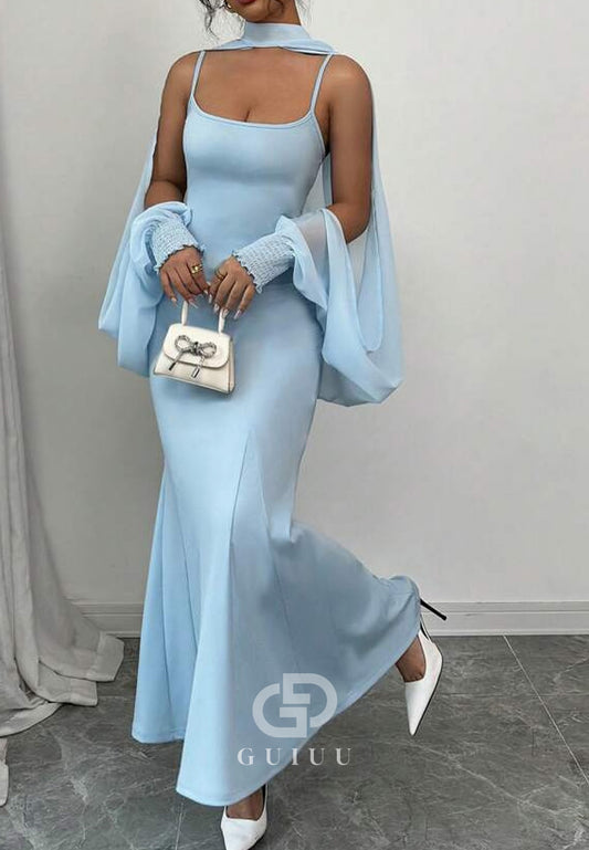 Sky Blue Sheath Spaghetti Straps Scoop Cape Evening Dress