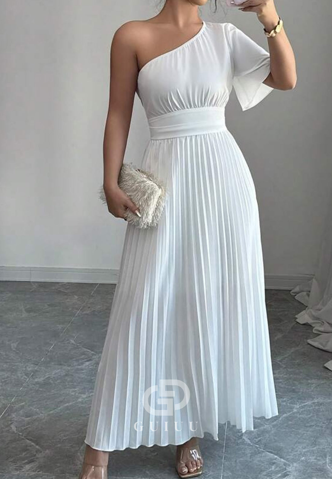 White One Shoulder Short Sleeves Empire-Waist Evening Dress