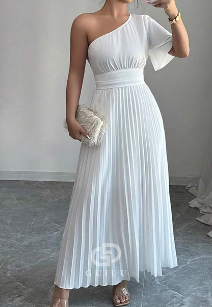 White One Shoulder Short Sleeves Empire-Waist Evening Dress