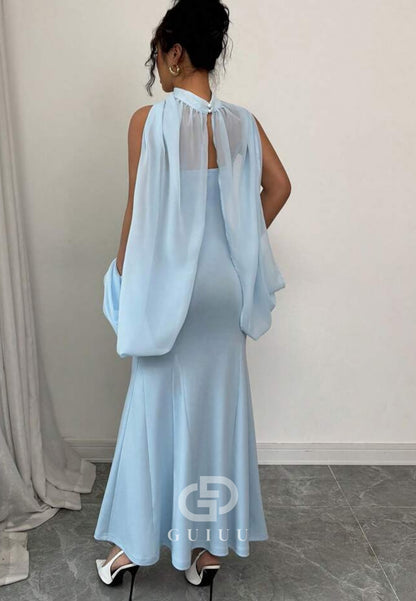 Sky Blue Sheath Spaghetti Straps Scoop Cape Evening Dress