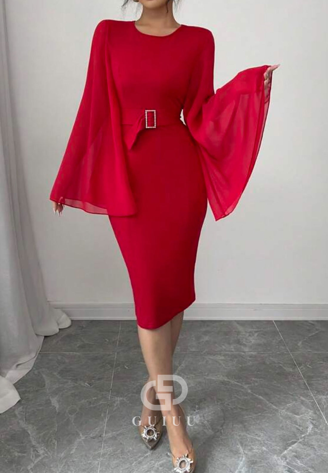 Red Long Sleeves Scoop Knee-Length Chiffon Evening Dress