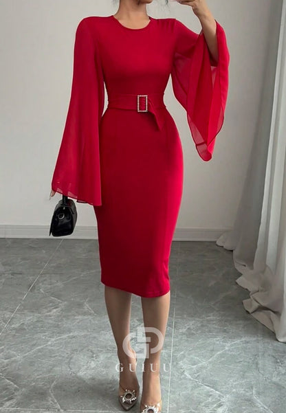 Red Long Sleeves Scoop Knee-Length Chiffon Evening Dress