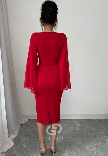 Red Long Sleeves Scoop Knee-Length Chiffon Evening Dress