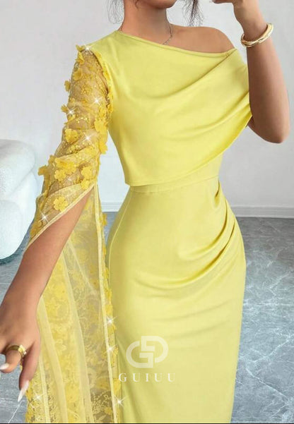 Daffodil One Shoulder Long Sleeves A-Line Prom Dress