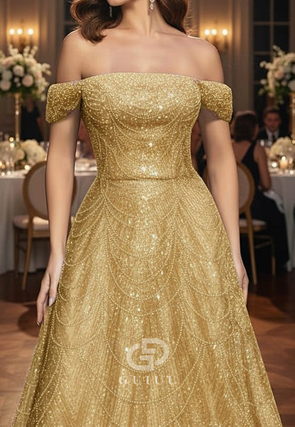 A-Line Off-Shoulder Cap Sleeves Sequins Evening Dress