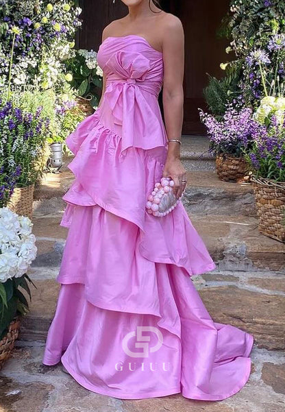 Simple Blushing Pink Ruffles A-Line Bowknot Prom Dress