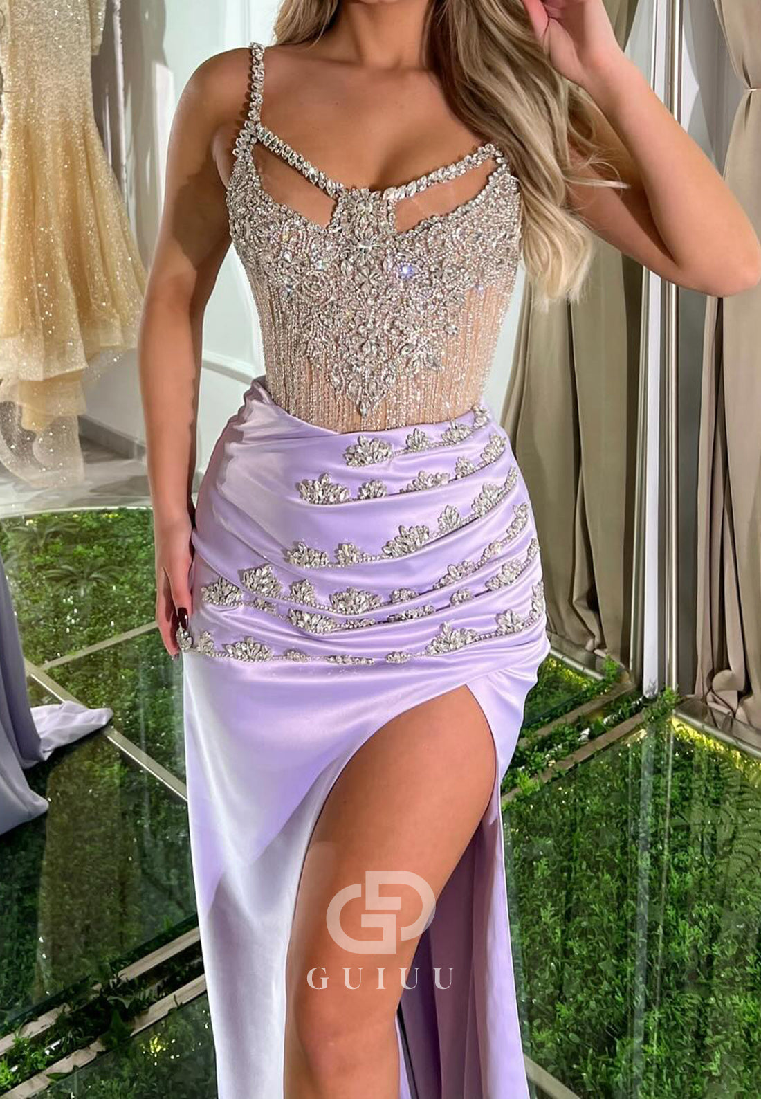 Spaghetti Straps Scoop Beads Ruched Prom Dress