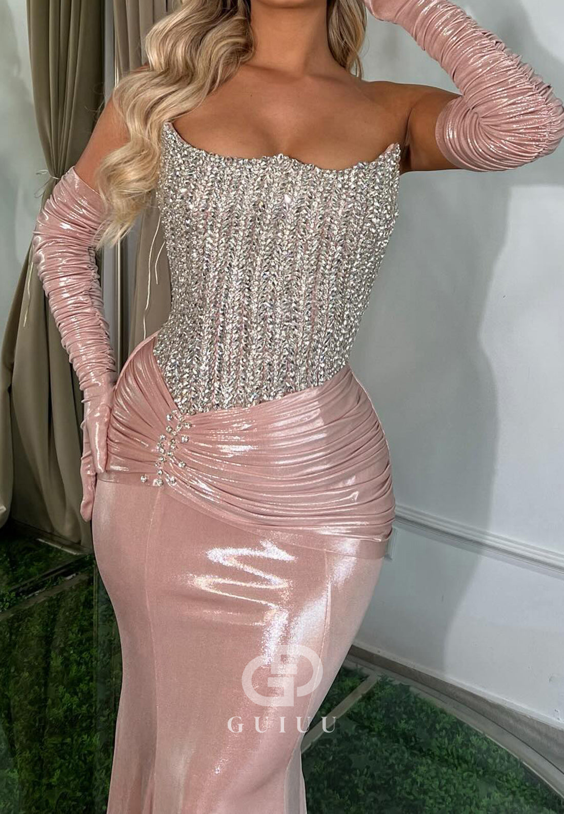 Blushing Pink Off-Shoulder Ruched Beads Evening Dress