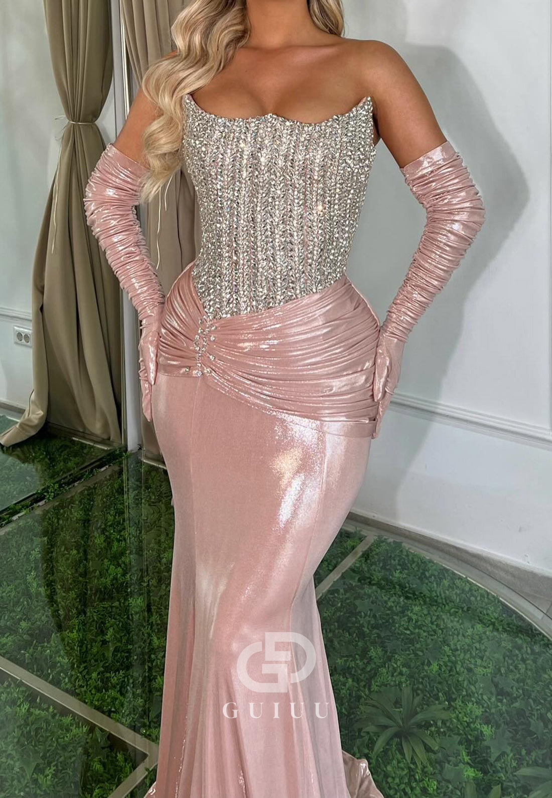 Blushing Pink Off-Shoulder Ruched Beads Evening Dress