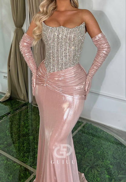 Blushing Pink Off-Shoulder Ruched Beads Evening Dress