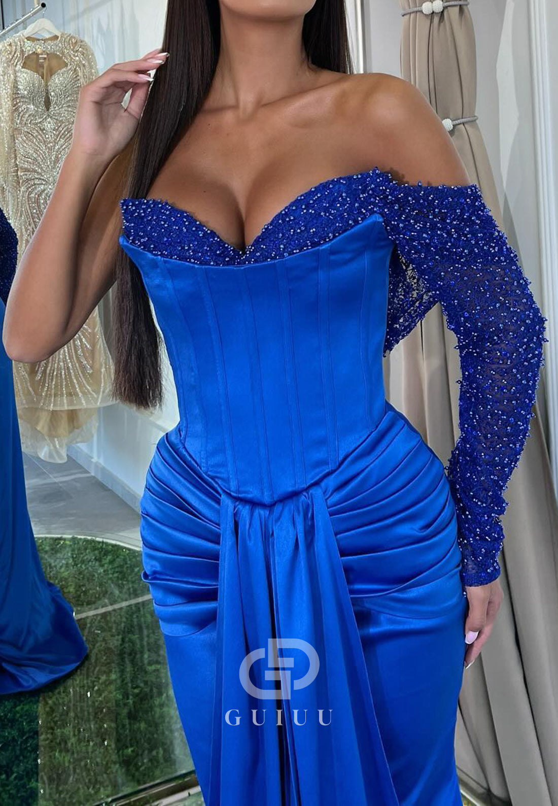 Royal Blue One Shoulder Long Sleeves Ruched Evening Dress