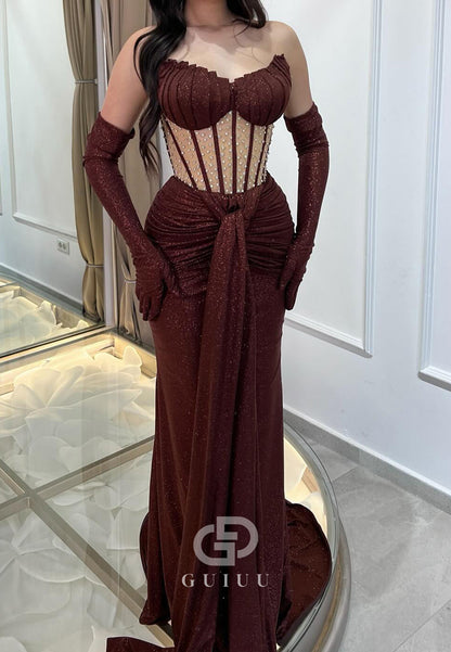 Cabernet Off-Shoulder Corset Illusion Ruched Evening Dress