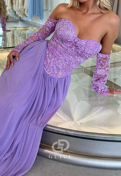 Lilac Sweetheart Long Sleeves Empire-Waist A-Line Prom Dress