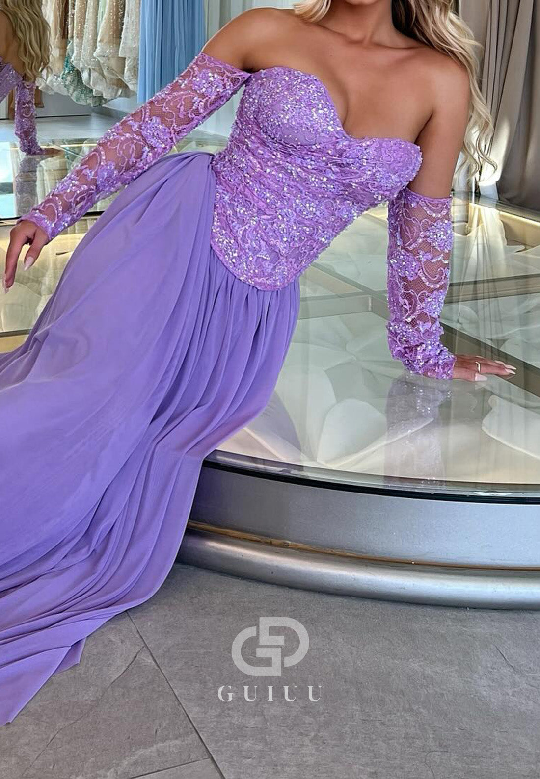 Lilac Sweetheart Long Sleeves Empire-Waist A-Line Prom Dress