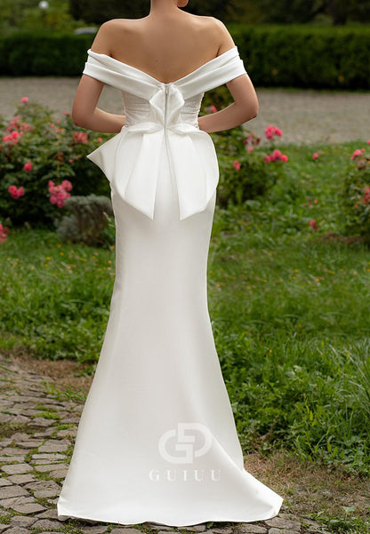 Sheath Off-Shoulder Slit Ruched Romantic Wedding  Dress