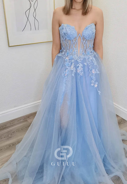 Sky Blue Sweetheart Sleeveless Corset Tulle  Prom Dress