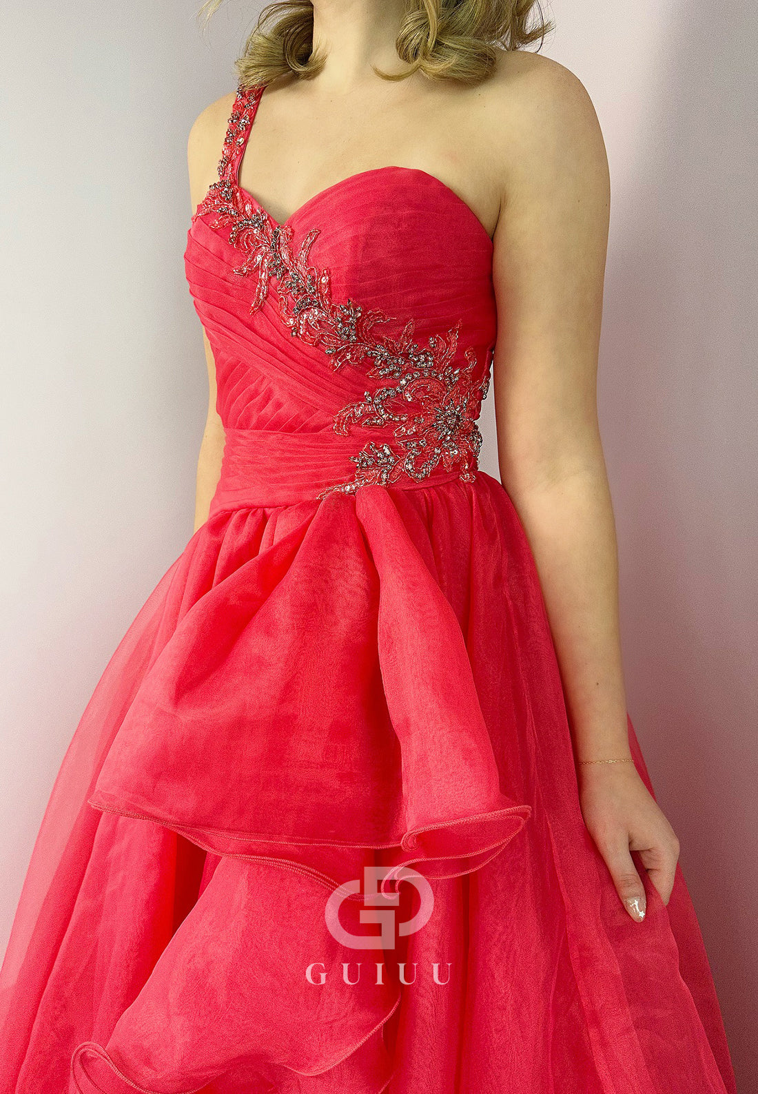 Red One Shoulder Sleeveless Strapless Ruffles Prom Dress