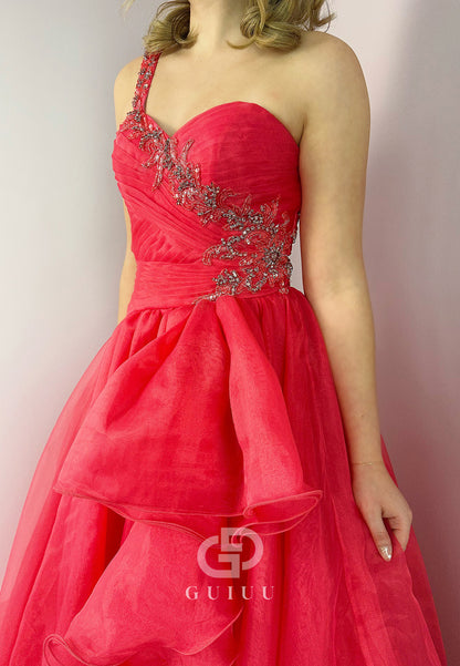 Red One Shoulder Sleeveless Strapless Ruffles Prom Dress