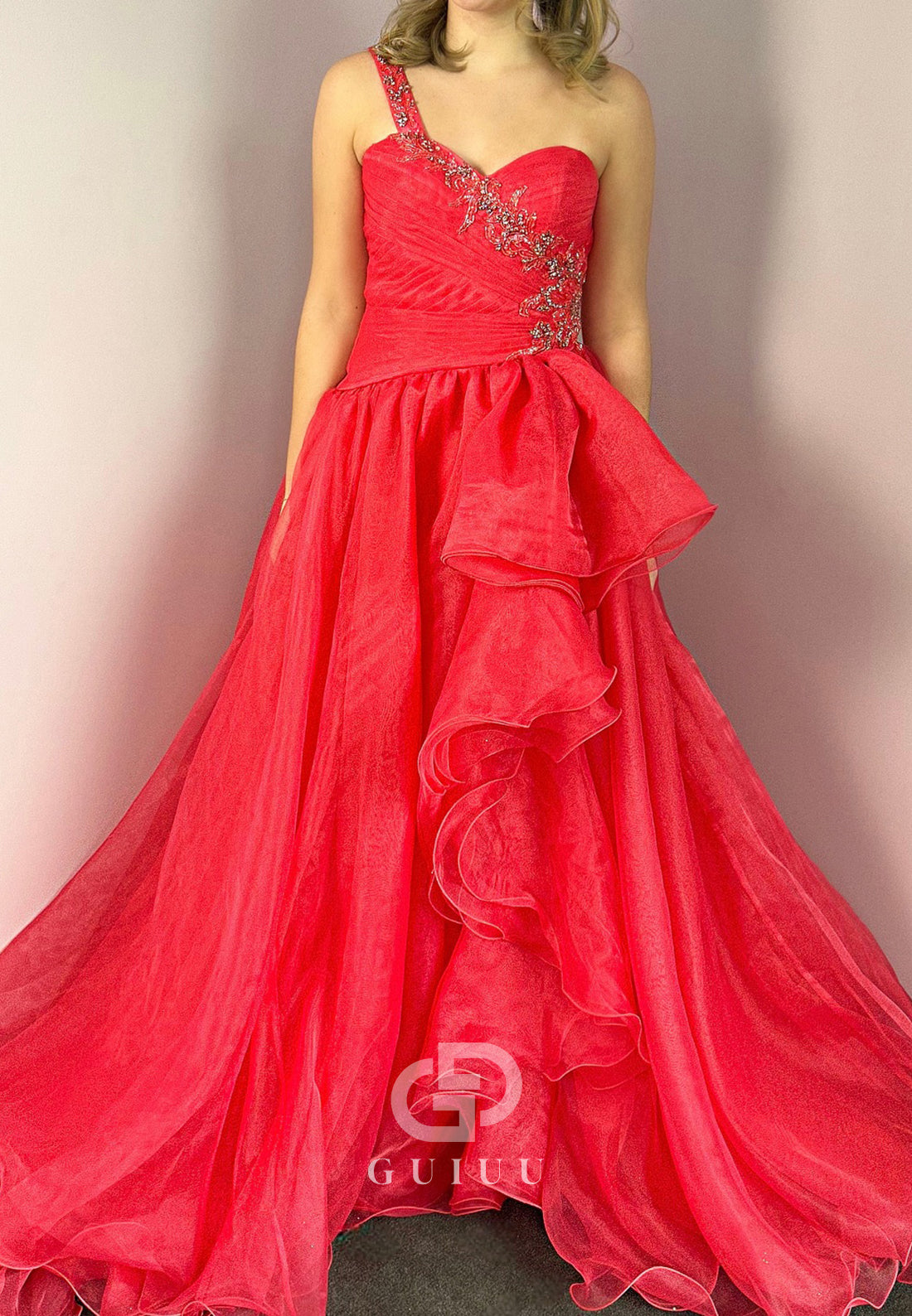 Red One Shoulder Sleeveless Strapless Ruffles Prom Dress
