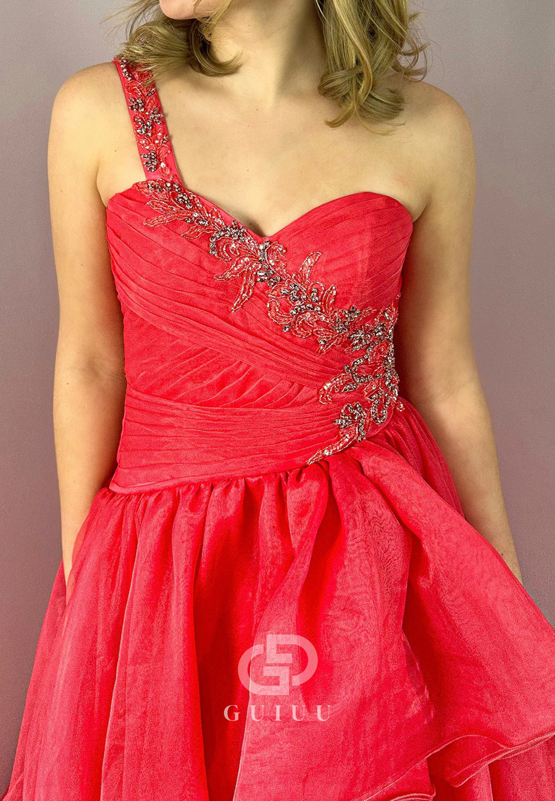 Red One Shoulder Sleeveless Strapless Ruffles Prom Dress