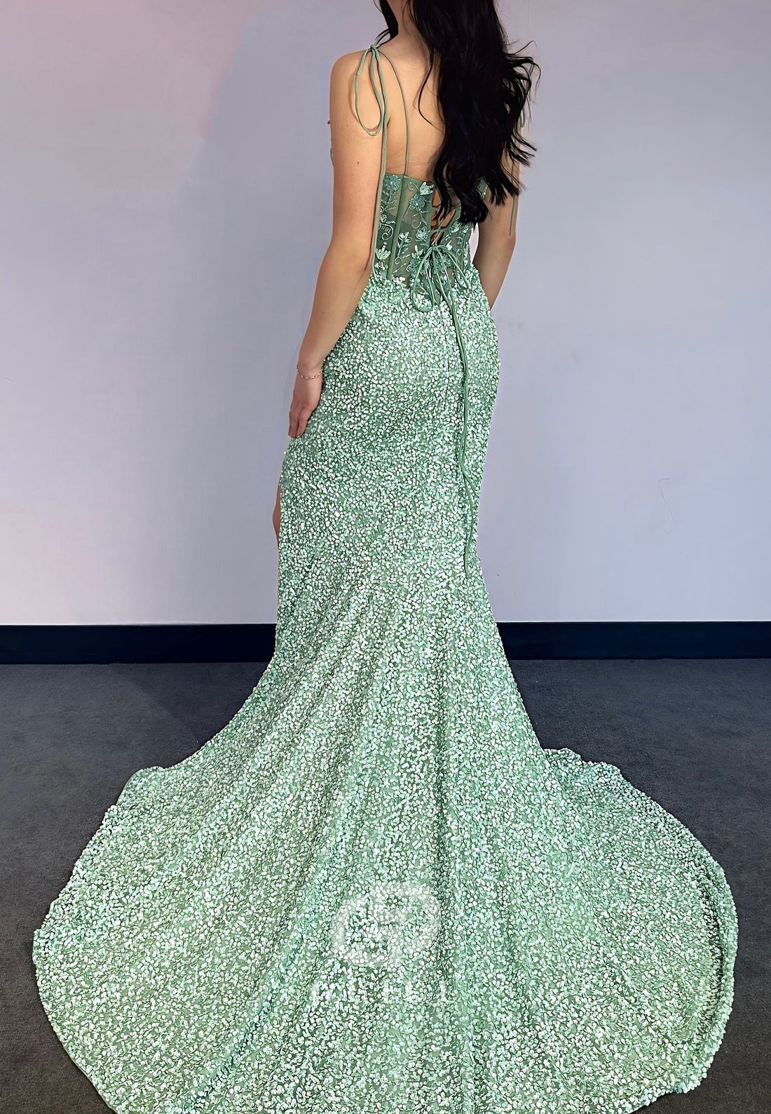 Mint Green Spaghetti Straps Sweetheart Slit Sequins Prom Dress