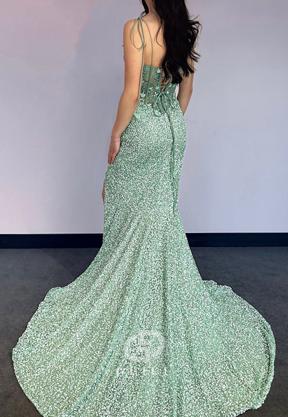 Mint Green Spaghetti Straps Sweetheart Slit Sequins Prom Dress