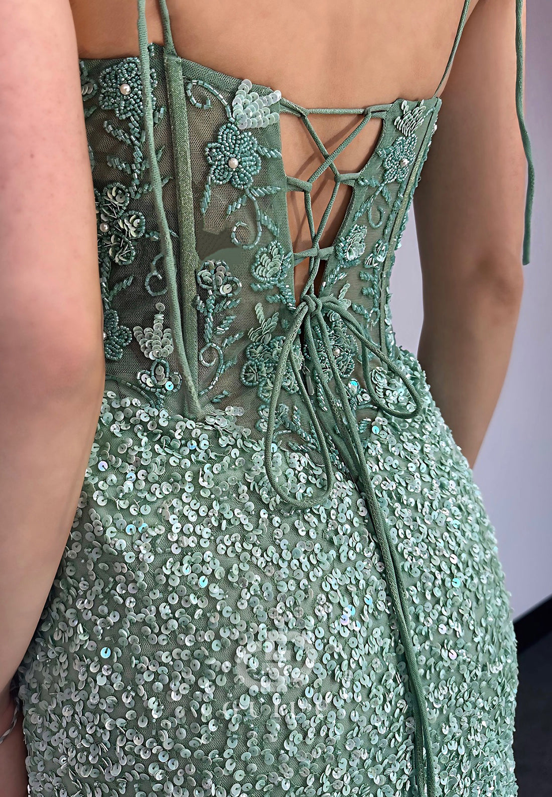 Mint Green Spaghetti Straps Sweetheart Slit Sequins Prom Dress