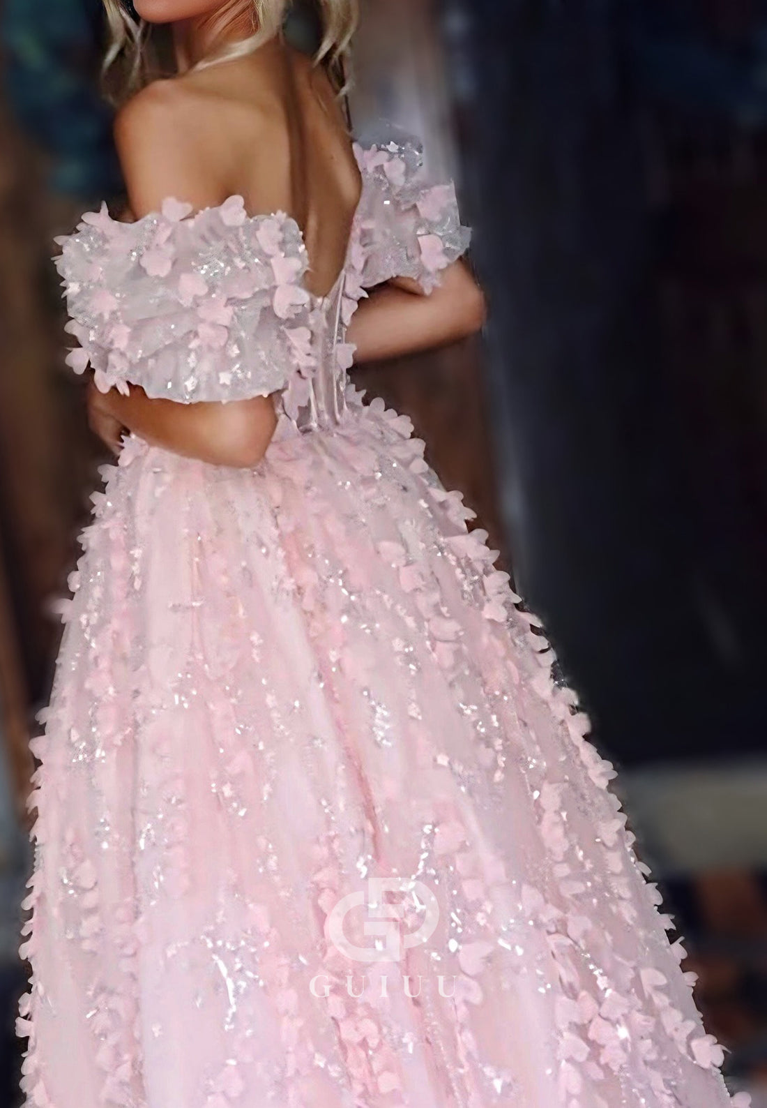 Blushing Pink Short Sleeves Off-Shoulder A-Line Prom Dress