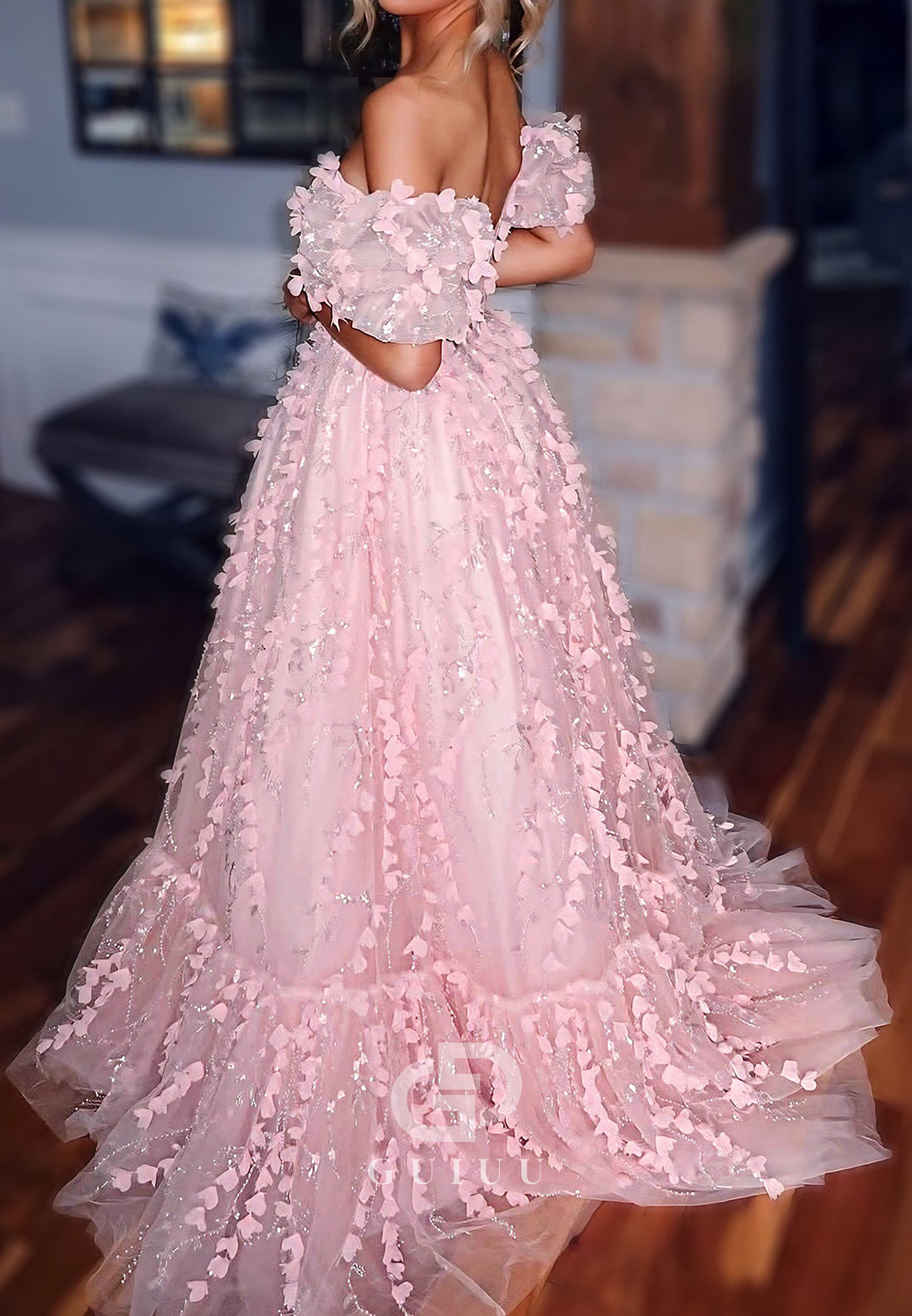 Blushing Pink Short Sleeves Off-Shoulder A-Line Prom Dress