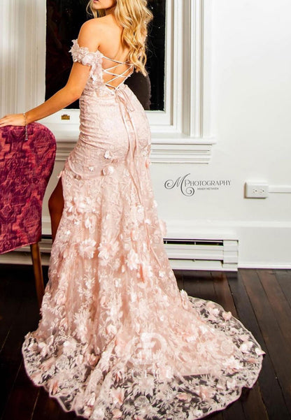 Blushing Pink Sleeveless Strapless Corset Tulle Slit Prom Dress