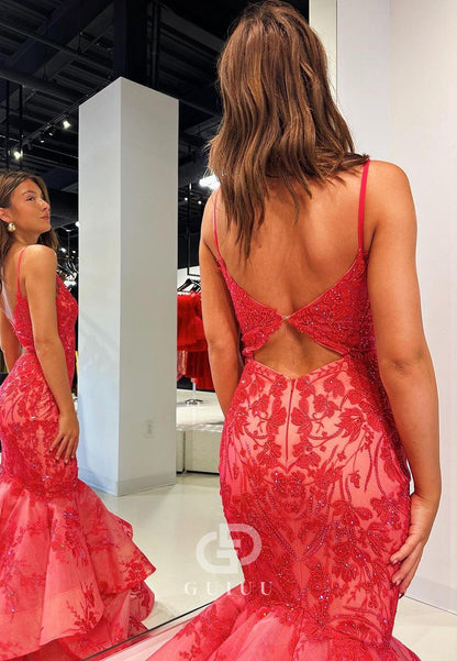 Red Spaghetti Straps V-Neck Ruffles Mermaid Prom Dress