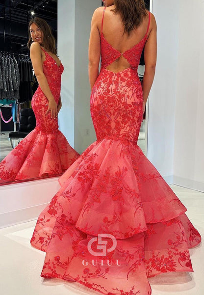 Red Spaghetti Straps V-Neck Ruffles Mermaid Prom Dress