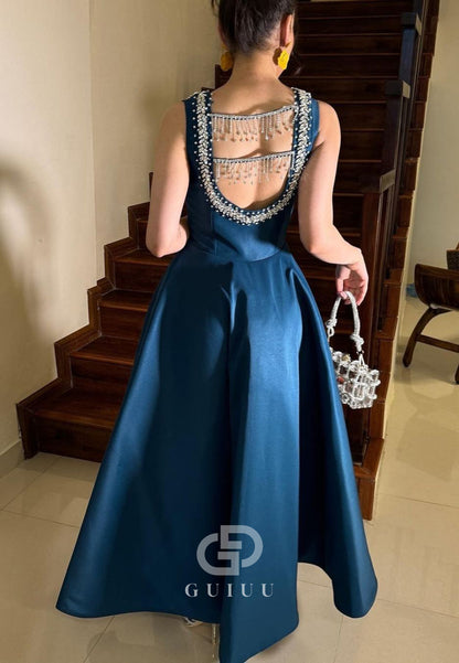 Ink Blue Spaghetti Straps Square Sequins Evening Dress