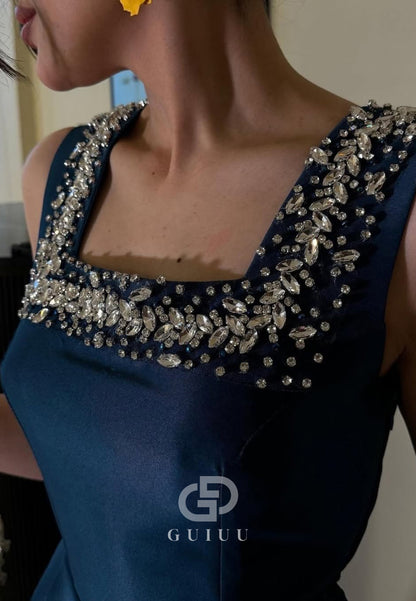 Ink Blue Spaghetti Straps Square Sequins Evening Dress