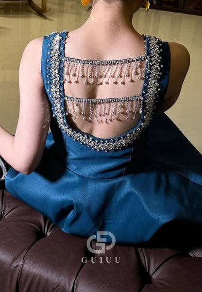 Ink Blue Spaghetti Straps Square Sequins Evening Dress