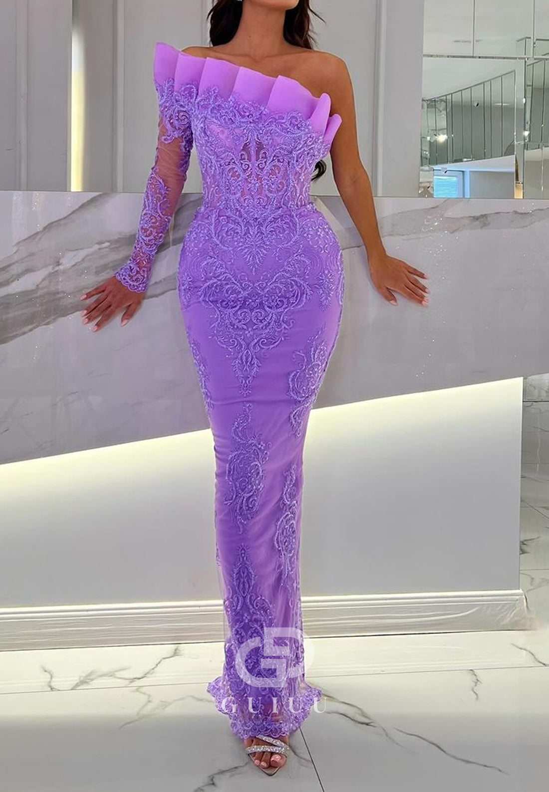 Elegant One Shoulder Long Sleeves Appliques Sheath Evening Dress