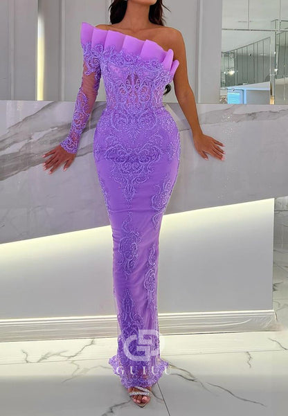 Elegant One Shoulder Long Sleeves Appliques Sheath Evening Dress