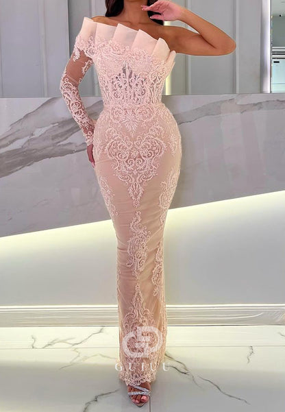 Elegant One Shoulder Long Sleeves Appliques Sheath Evening Dress