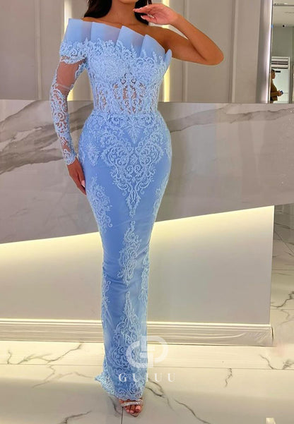 Elegant One Shoulder Long Sleeves Appliques Sheath Evening Dress