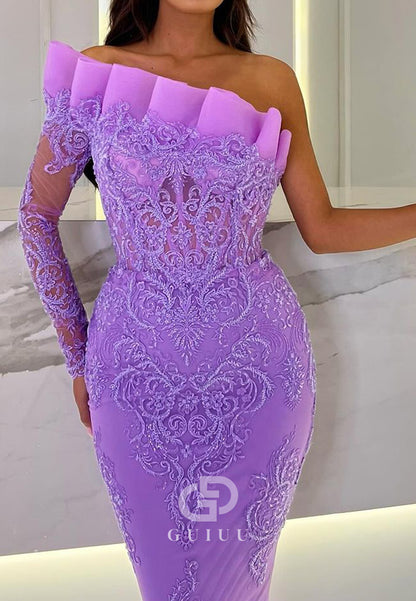Elegant One Shoulder Long Sleeves Appliques Sheath Evening Dress