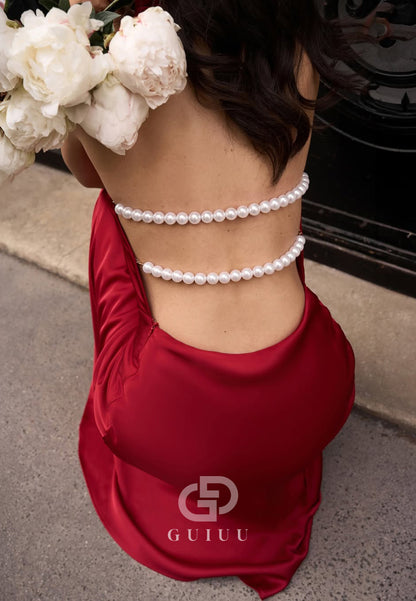 Simple Halter Sleeveless Backless Pearls Prom Dress