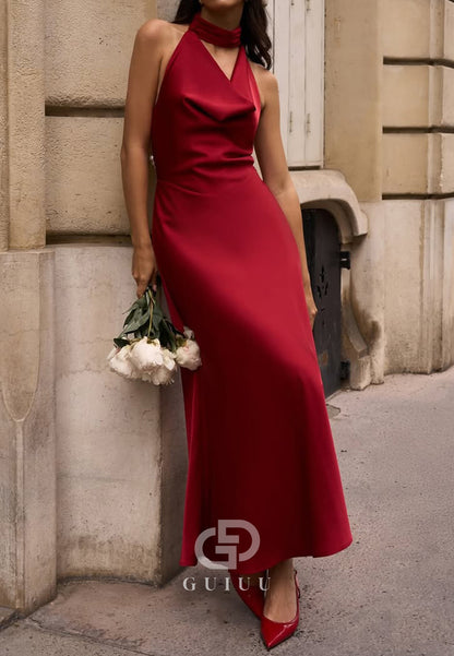 Simple Halter Sleeveless Backless Pearls Prom Dress