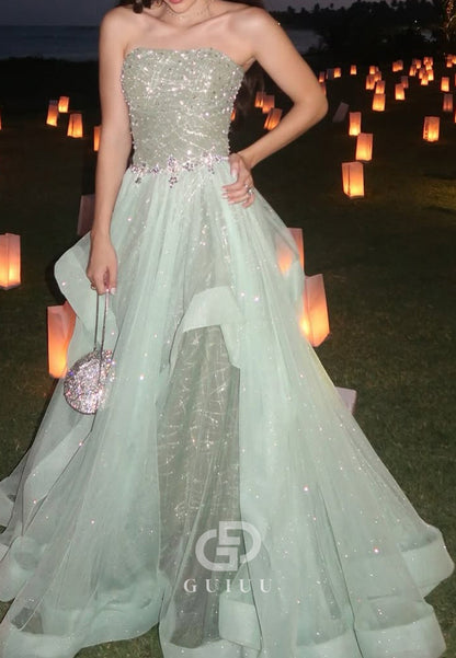 Mint Green Sleeveless Strapless A-Line Empire-Waist Prom Dress