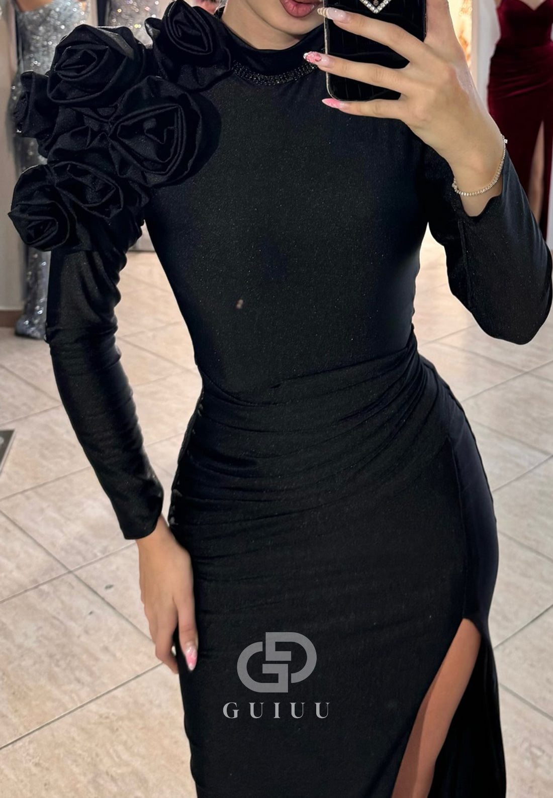 Black High Neck Slit Ruched Evening Dress