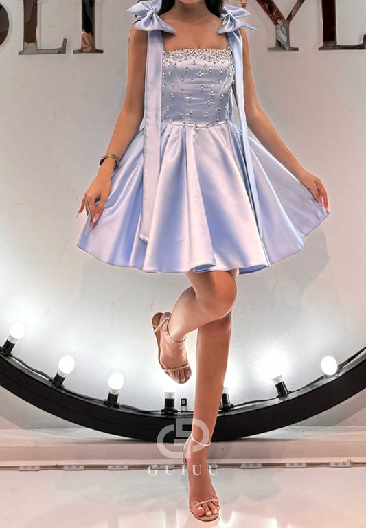 Sky Blue Spaghetti Straps Square A-Line Homecoming Dress